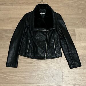 Wildflowers Black Leather Jacket with Faux Fur Collar